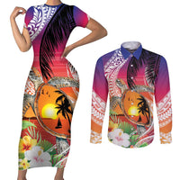Polynesian Dreamy Turtle Couples Matching Short Sleeve Bodycon Dress and Long Sleeve Button Shirt Sunset Scenery