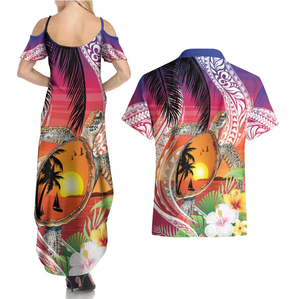 Polynesian Dreamy Turtle Couples Matching Summer Maxi Dress and Hawaiian Shirt Sunset Scenery