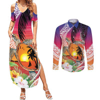 Polynesian Dreamy Turtle Couples Matching Summer Maxi Dress and Long Sleeve Button Shirt Sunset Scenery