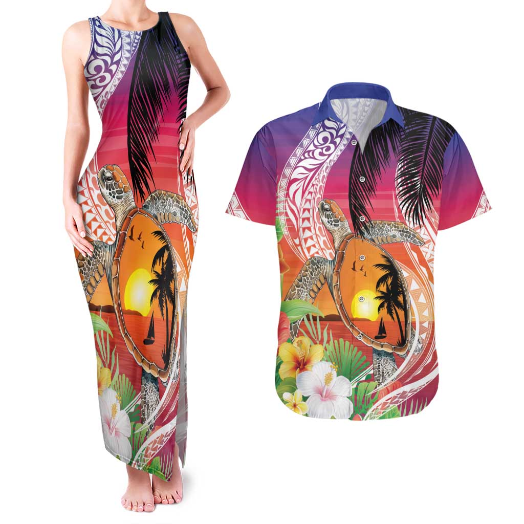 Polynesian Dreamy Turtle Couples Matching Tank Maxi Dress and Hawaiian Shirt Sunset Scenery