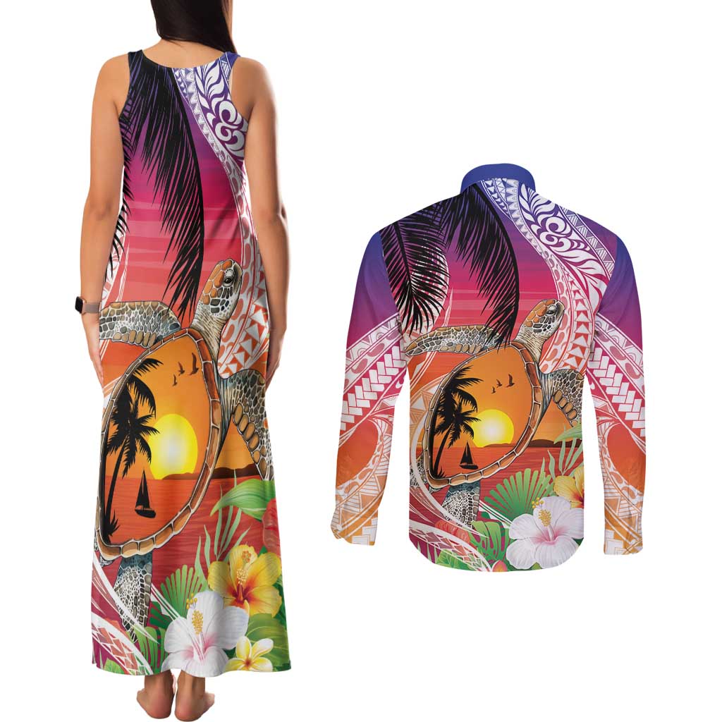 Polynesian Dreamy Turtle Couples Matching Tank Maxi Dress and Long Sleeve Button Shirt Sunset Scenery