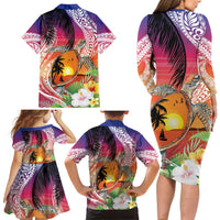 Polynesian Dreamy Turtle Family Matching Long Sleeve Bodycon Dress and Hawaiian Shirt Sunset Scenery