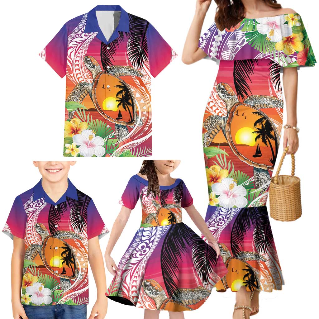 Polynesian Dreamy Turtle Family Matching Mermaid Dress and Hawaiian Shirt Sunset Scenery