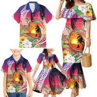 Polynesian Dreamy Turtle Family Matching Mermaid Dress and Hawaiian Shirt Sunset Scenery