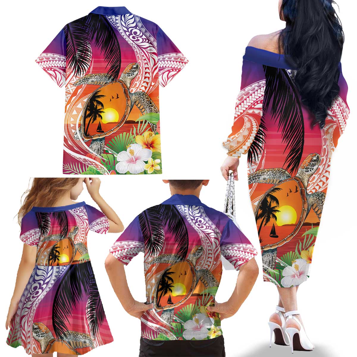 Polynesian Dreamy Turtle Family Matching Off The Shoulder Long Sleeve Dress and Hawaiian Shirt Sunset Scenery
