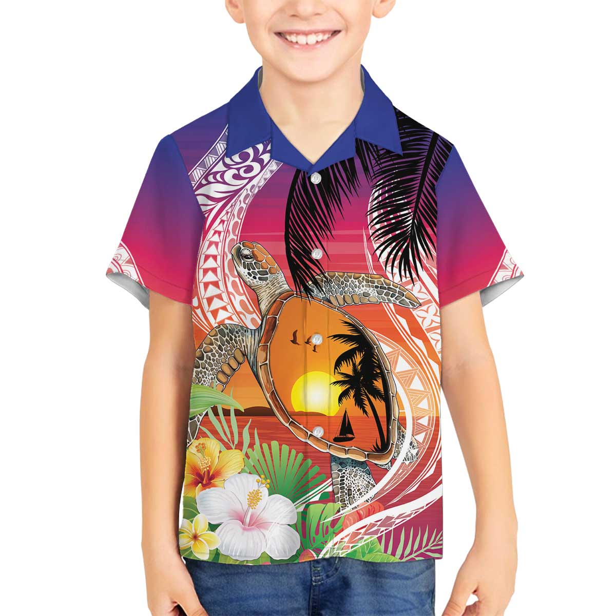 Polynesian Dreamy Turtle Family Matching Off The Shoulder Long Sleeve Dress and Hawaiian Shirt Sunset Scenery