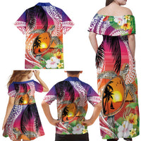 Polynesian Dreamy Turtle Family Matching Off Shoulder Maxi Dress and Hawaiian Shirt Sunset Scenery