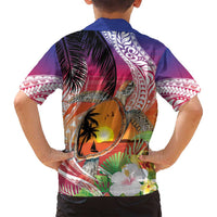 Polynesian Dreamy Turtle Family Matching Off Shoulder Short Dress and Hawaiian Shirt Sunset Scenery