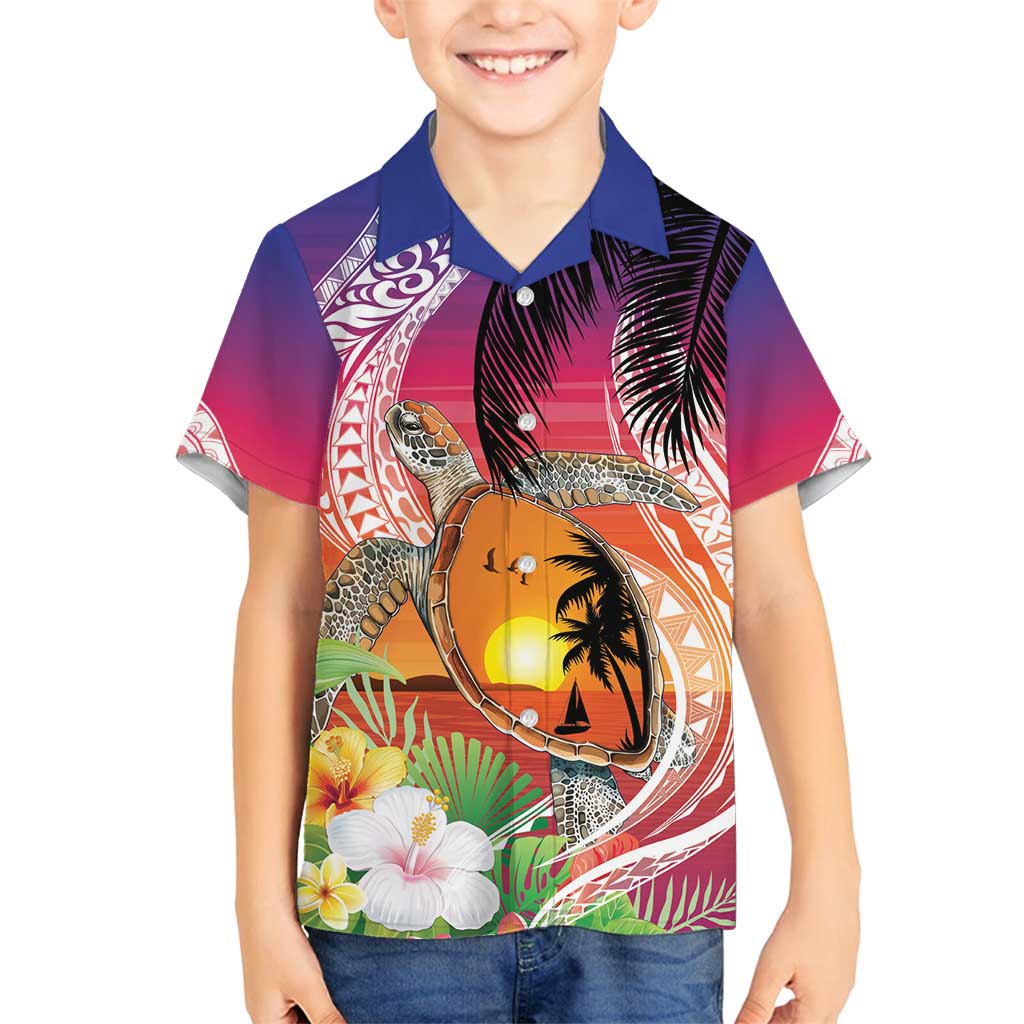 Polynesian Dreamy Turtle Family Matching Puletasi and Hawaiian Shirt Sunset Scenery