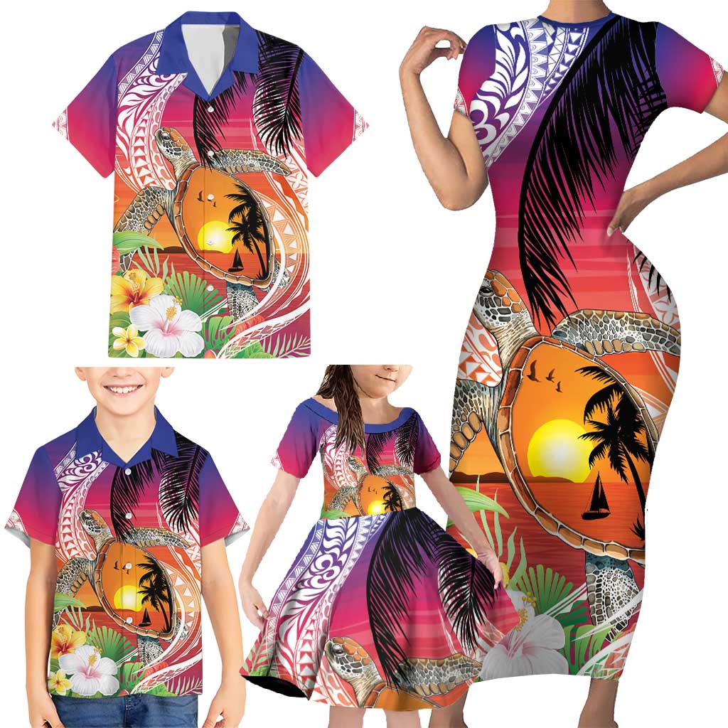 Polynesian Dreamy Turtle Family Matching Short Sleeve Bodycon Dress and Hawaiian Shirt Sunset Scenery
