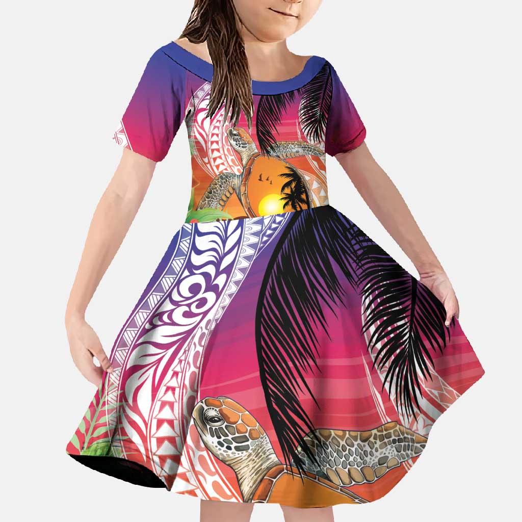 Polynesian Dreamy Turtle Family Matching Tank Maxi Dress and Hawaiian Shirt Sunset Scenery