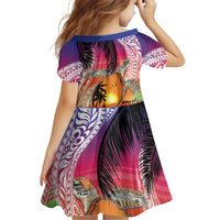 Polynesian Dreamy Turtle Kid Short Sleeve Dress Sunset Scenery