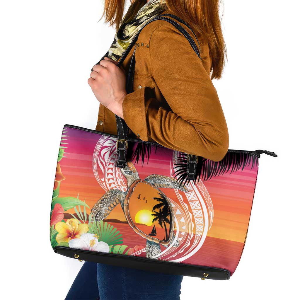 Polynesian Dreamy Turtle Leather Tote Bag Sunset Scenery