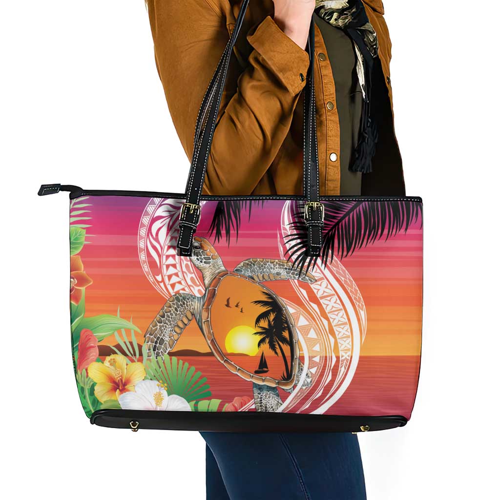 Polynesian Dreamy Turtle Leather Tote Bag Sunset Scenery