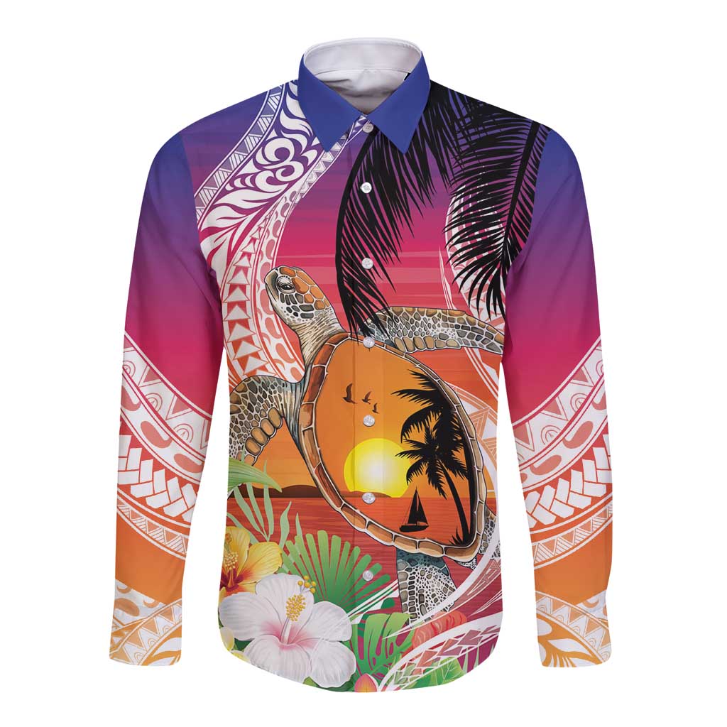 Polynesian Dreamy Turtle Long Sleeve Button Shirt Sunset Scenery LT7 Unisex Art - Polynesian Pride