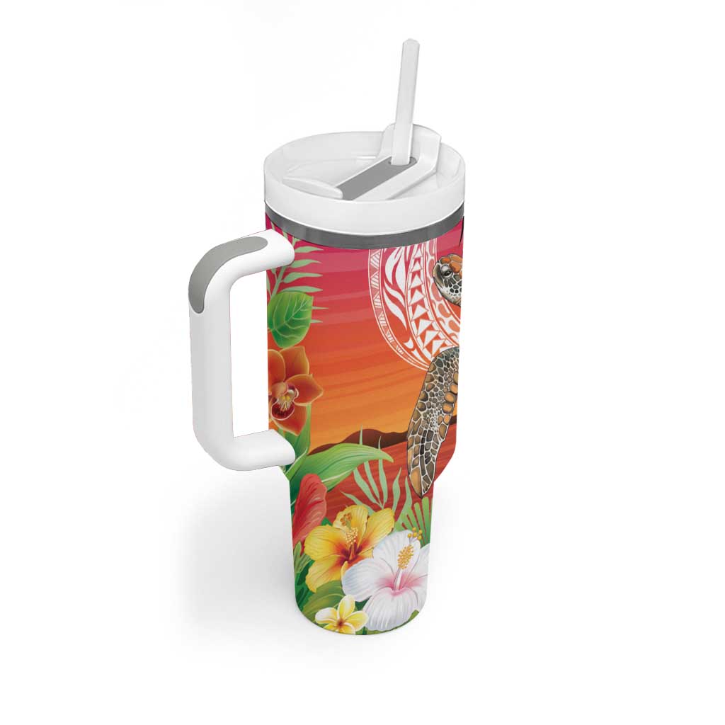 Polynesian Dreamy Turtle Tumbler With Handle Sunset Scenery