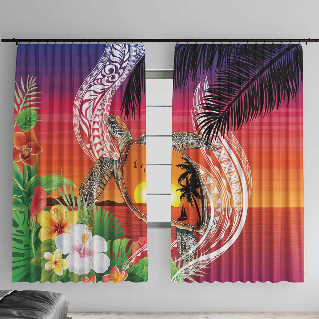 Polynesian Dreamy Turtle Window Curtain Sunset Scenery