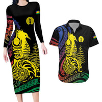 New Caledonia Kanaky Couples Matching Long Sleeve Bodycon Dress and Hawaiian Shirt Stylized Fleche Faitiere With Kagu Bird