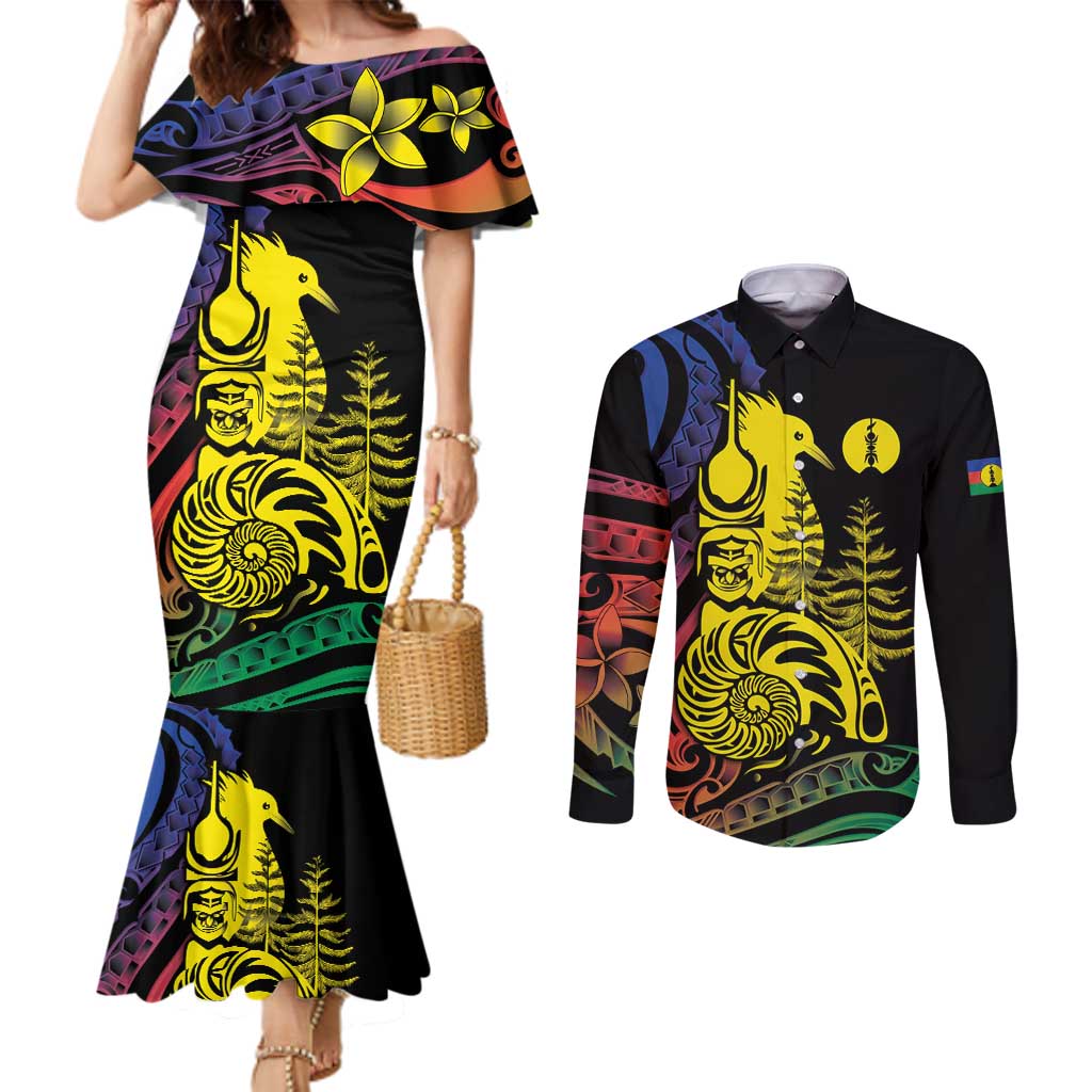 New Caledonia Kanaky Couples Matching Mermaid Dress and Long Sleeve Button Shirt Stylized Fleche Faitiere With Kagu Bird