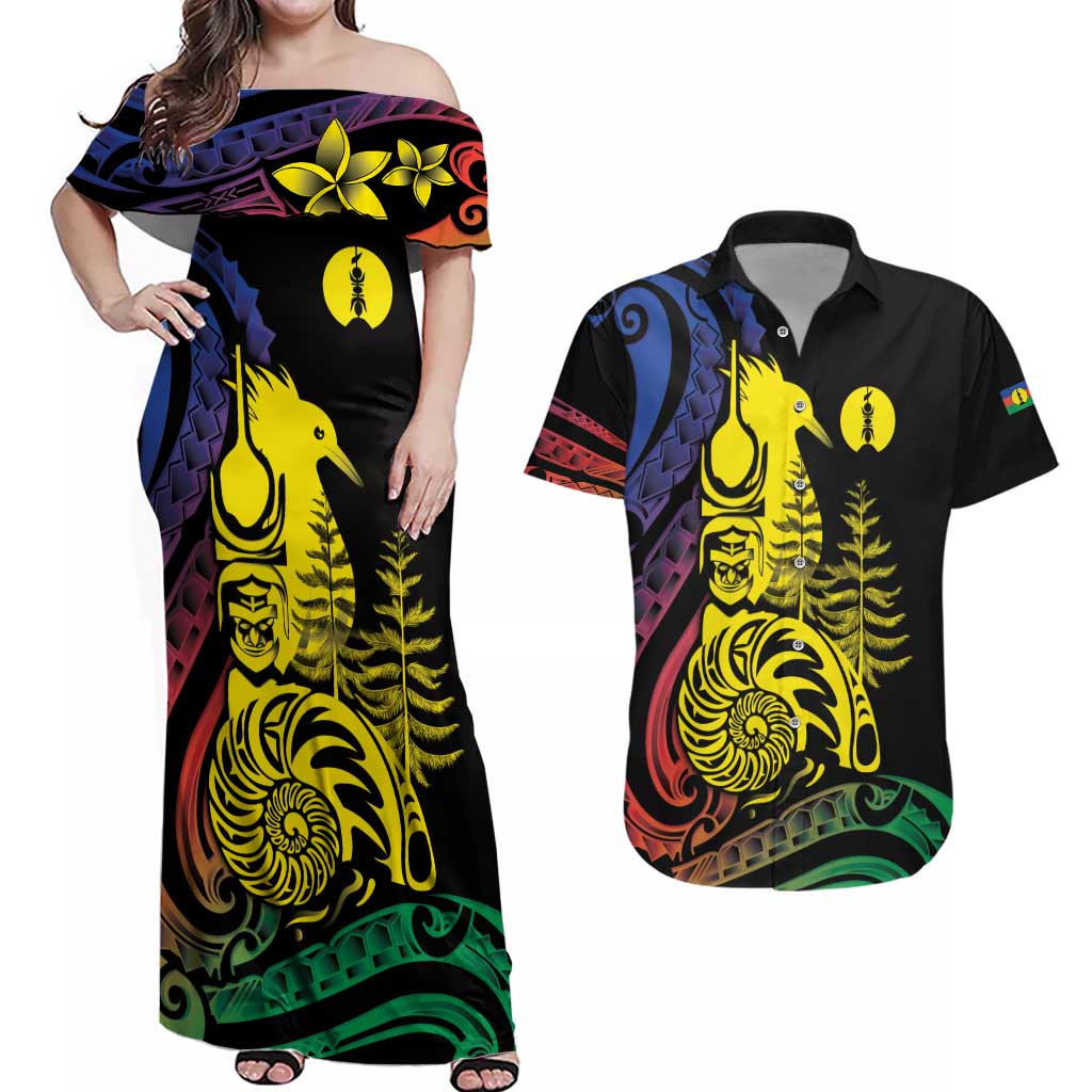 New Caledonia Kanaky Couples Matching Off Shoulder Maxi Dress and Hawaiian Shirt Stylized Fleche Faitiere With Kagu Bird