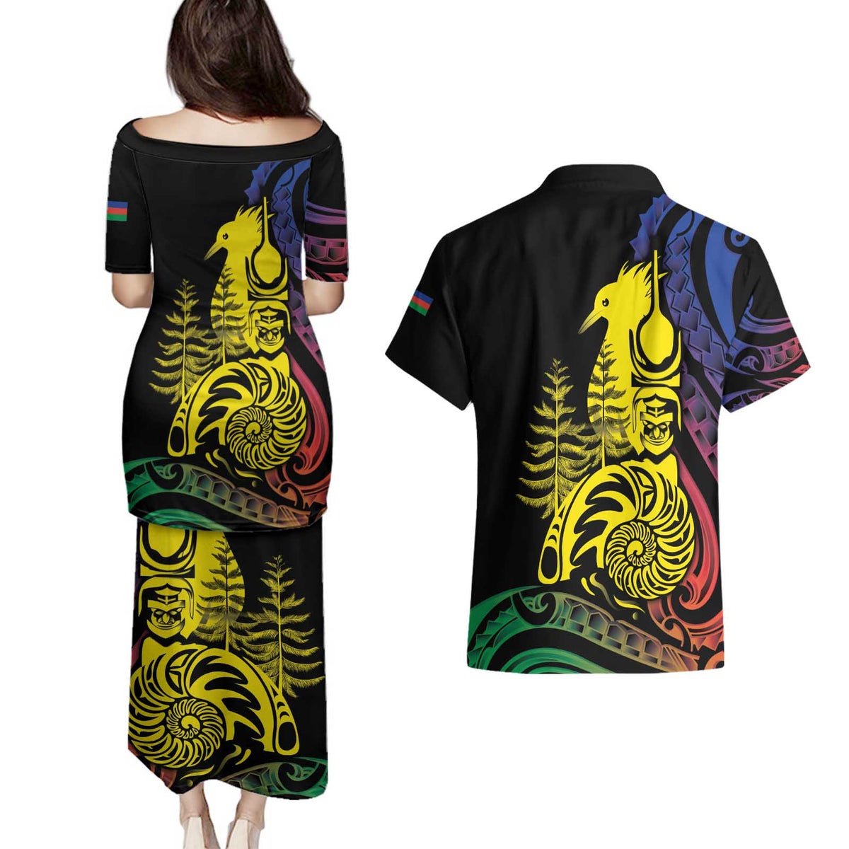 New Caledonia Kanaky Couples Matching Puletasi and Hawaiian Shirt Stylized Fleche Faitiere With Kagu Bird