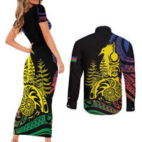 New Caledonia Kanaky Couples Matching Short Sleeve Bodycon Dress and Long Sleeve Button Shirt Stylized Fleche Faitiere With Kagu Bird