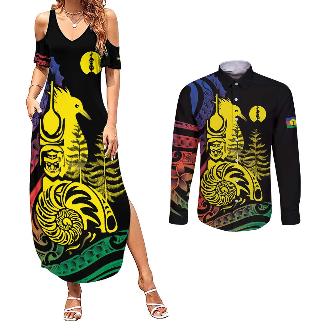 New Caledonia Kanaky Couples Matching Summer Maxi Dress and Long Sleeve Button Shirt Stylized Fleche Faitiere With Kagu Bird