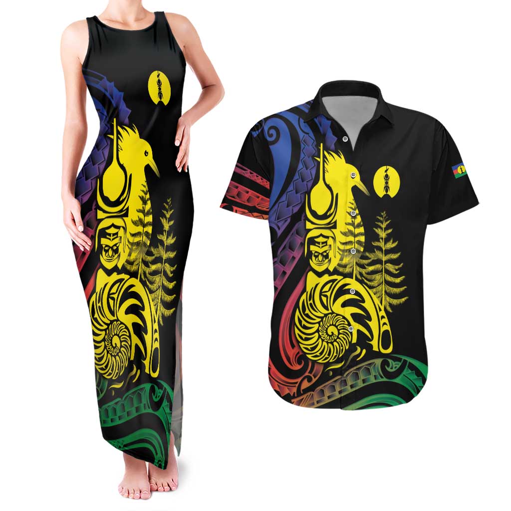 New Caledonia Kanaky Couples Matching Tank Maxi Dress and Hawaiian Shirt Stylized Fleche Faitiere With Kagu Bird