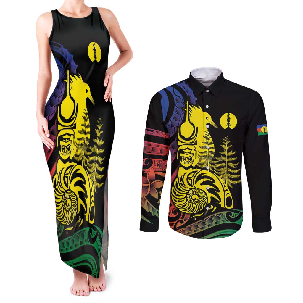 New Caledonia Kanaky Couples Matching Tank Maxi Dress and Long Sleeve Button Shirt Stylized Fleche Faitiere With Kagu Bird