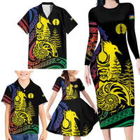 New Caledonia Kanaky Family Matching Long Sleeve Bodycon Dress and Hawaiian Shirt Stylized Fleche Faitiere With Kagu Bird