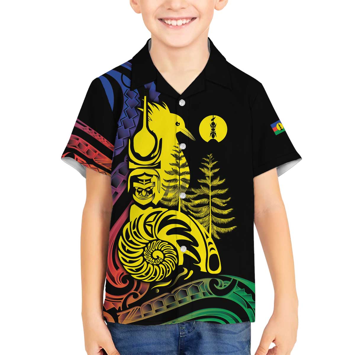 New Caledonia Kanaky Family Matching Off The Shoulder Long Sleeve Dress and Hawaiian Shirt Stylized Fleche Faitiere With Kagu Bird