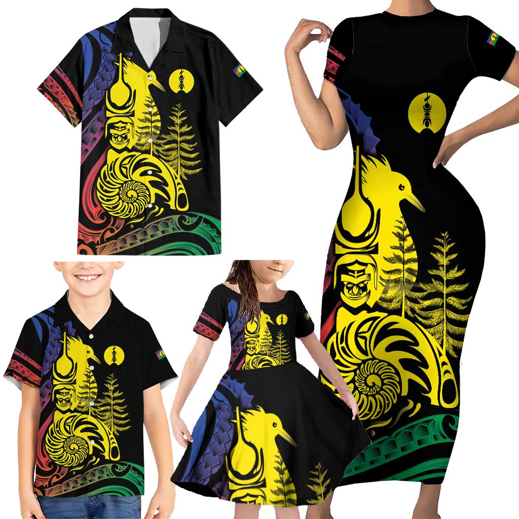 New Caledonia Kanaky Family Matching Short Sleeve Bodycon Dress and Hawaiian Shirt Stylized Fleche Faitiere With Kagu Bird