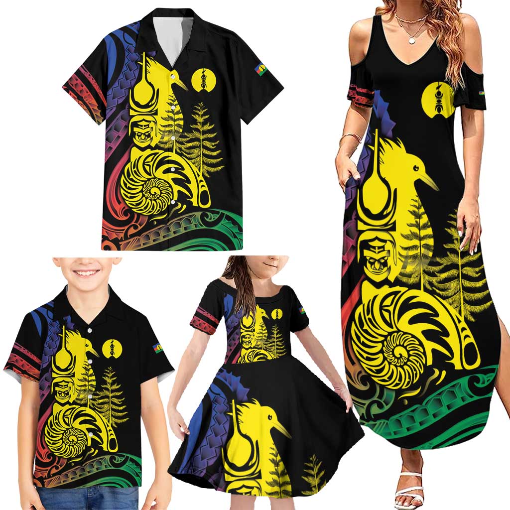 New Caledonia Kanaky Family Matching Summer Maxi Dress and Hawaiian Shirt Stylized Fleche Faitiere With Kagu Bird