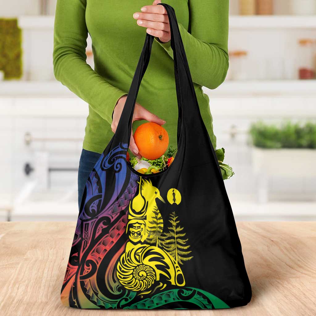 New Caledonia Kanaky Grocery Bag Stylized Fleche Faitiere With Kagu Bird