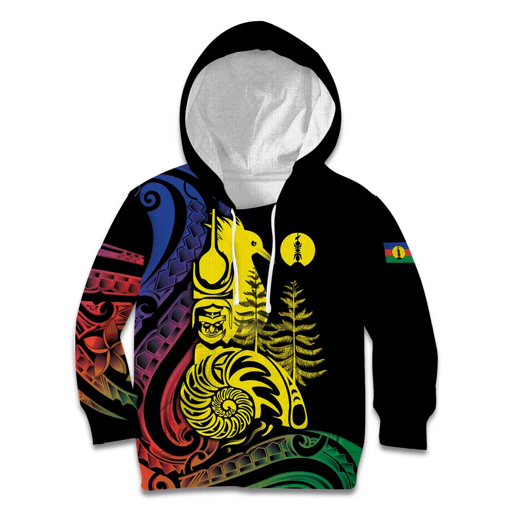 New Caledonia Kanaky Kid Hoodie Stylized Fleche Faitiere With Kagu Bird