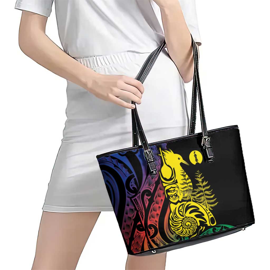 New Caledonia Kanaky Leather Tote Bag Stylized Fleche Faitiere With Kagu Bird
