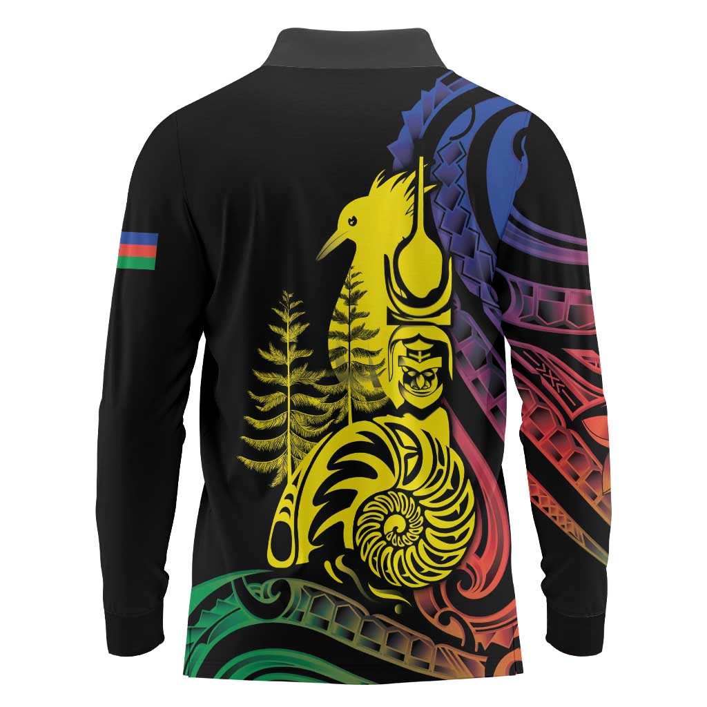 New Caledonia Kanaky Long Sleeve Polo Shirt Stylized Fleche Faitiere With Kagu Bird