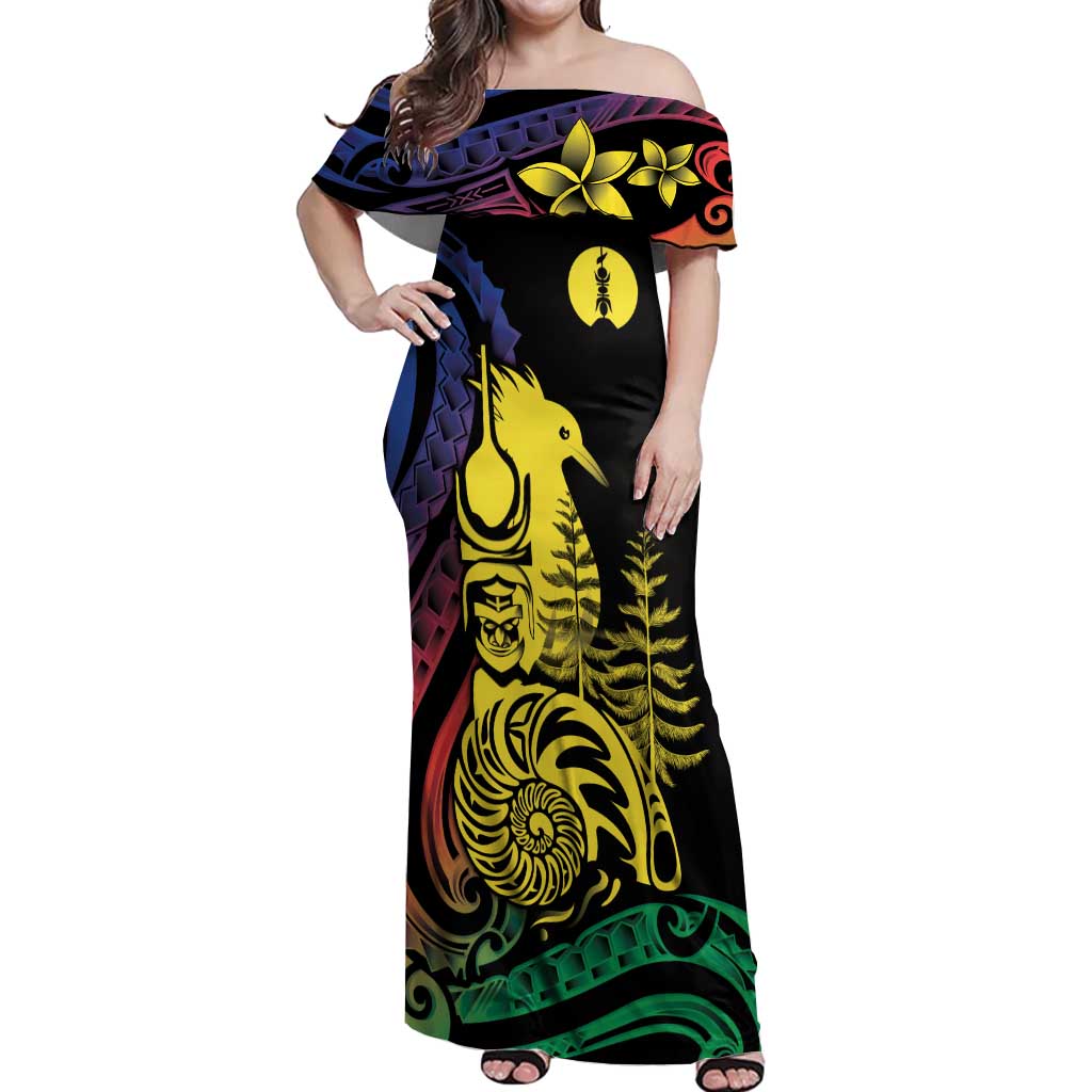 New Caledonia Kanaky Off Shoulder Maxi Dress Stylized Fleche Faitiere With Kagu Bird