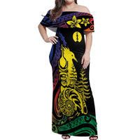 New Caledonia Kanaky Off Shoulder Maxi Dress Stylized Fleche Faitiere With Kagu Bird