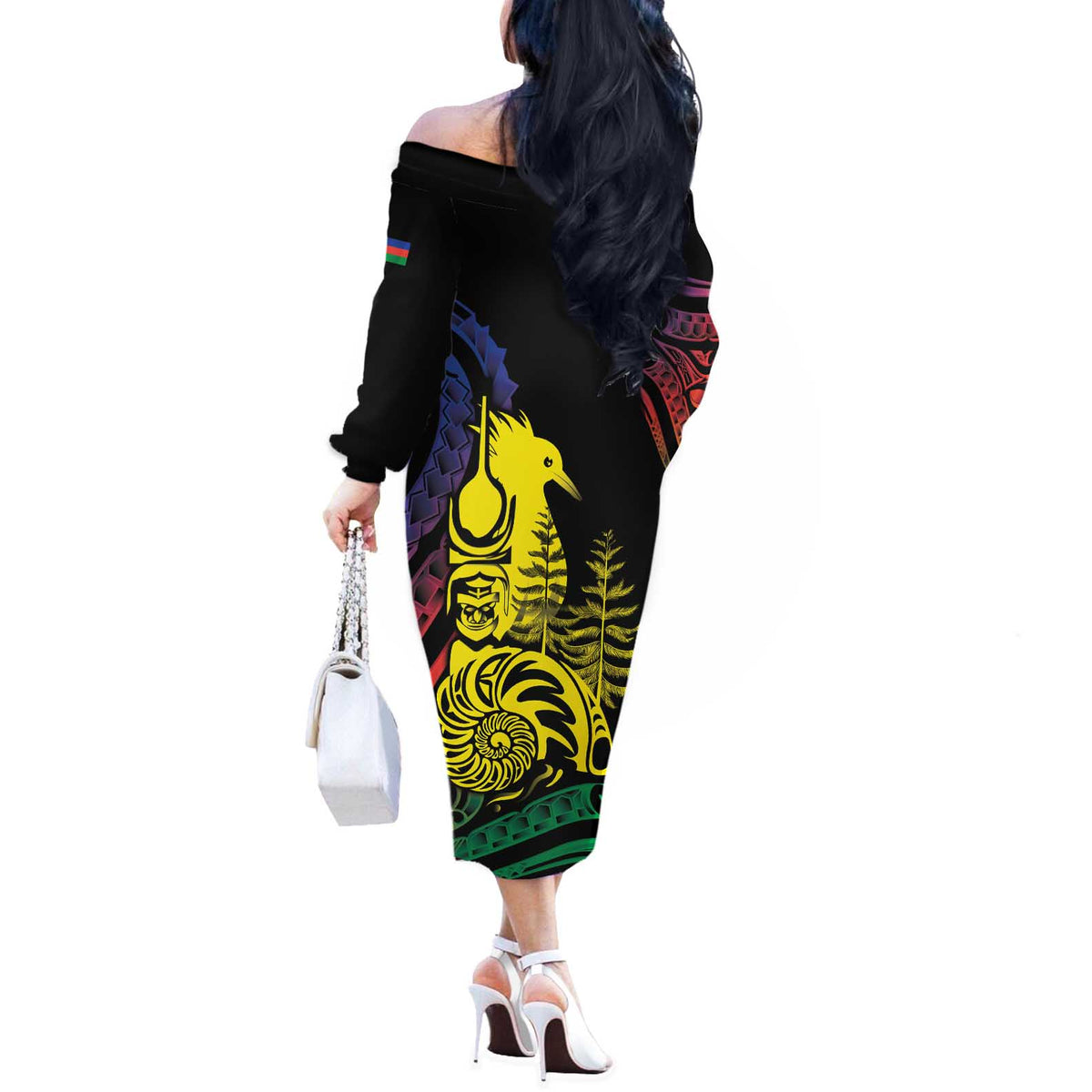 New Caledonia Kanaky Off The Shoulder Long Sleeve Dress Stylized Fleche Faitiere With Kagu Bird