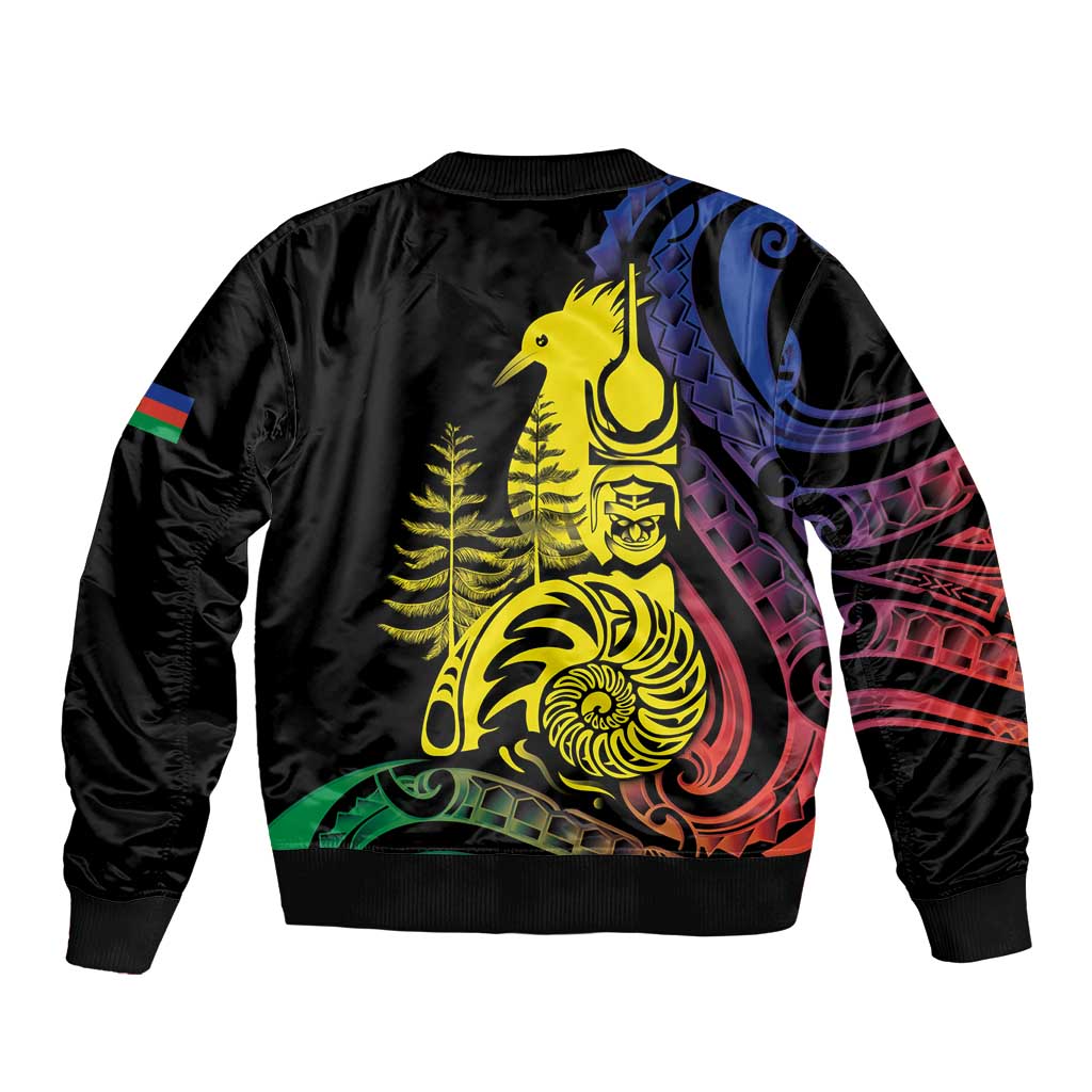 New Caledonia Kanaky Sleeve Zip Bomber Jacket Stylized Fleche Faitiere With Kagu Bird