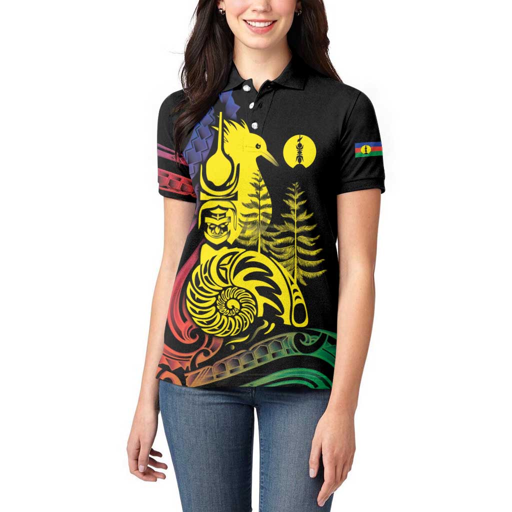 New Caledonia Kanaky Women Polo Shirt Stylized Fleche Faitiere With Kagu Bird