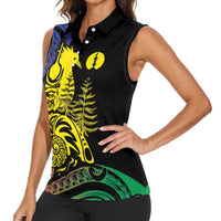 New Caledonia Kanaky Women Sleeveless Polo Shirt Stylized Fleche Faitiere With Kagu Bird