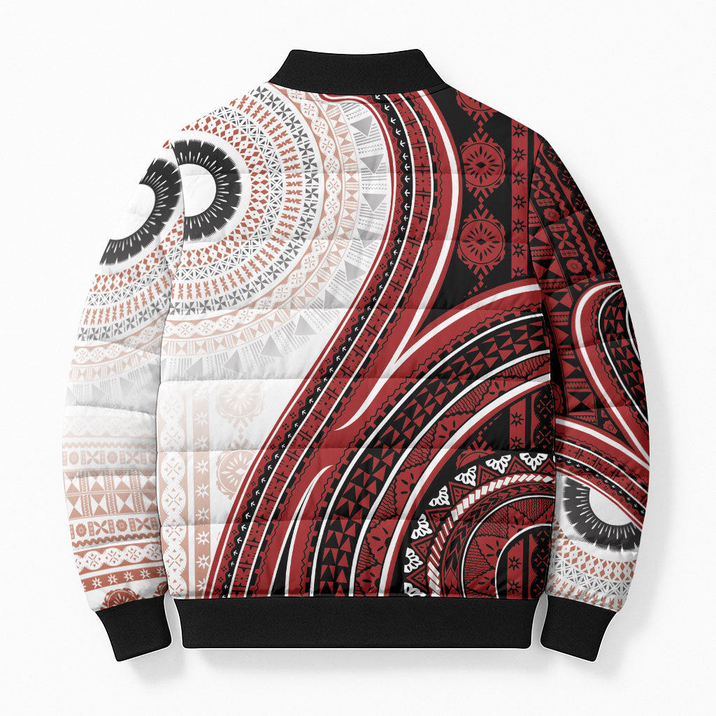 Bula Fiji Vintage Tapa Bomber Puffer Jacket Kaivity Masi Wave Motifs - Red LT7 - Polynesian Pride