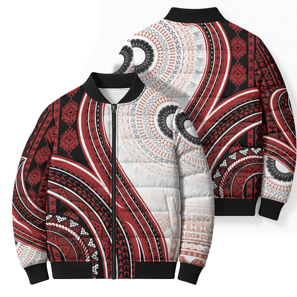 Bula Fiji Vintage Tapa Bomber Puffer Jacket Kaivity Masi Wave Motifs - Red LT7 - Polynesian Pride