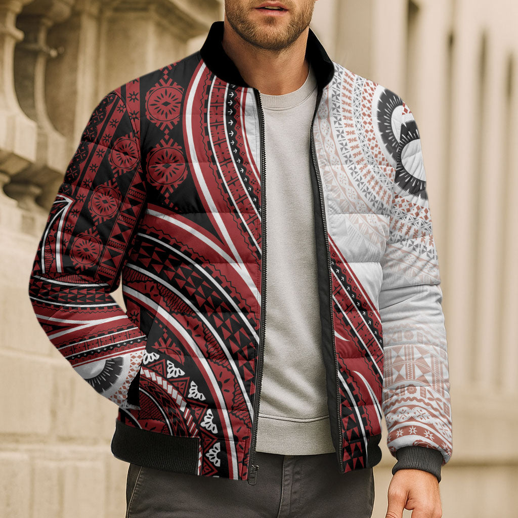 Bula Fiji Vintage Tapa Bomber Puffer Jacket Kaivity Masi Wave Motifs - Red LT7 - Polynesian Pride