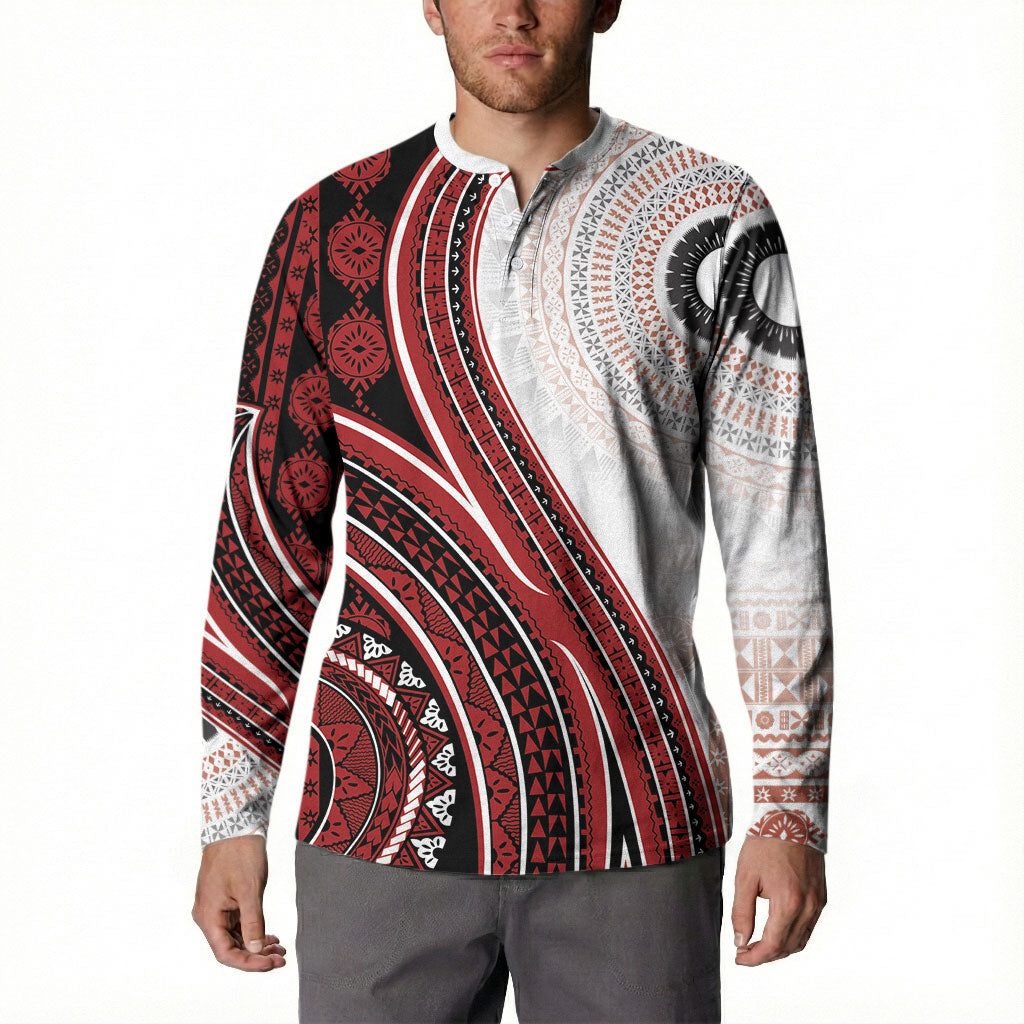 Bula Fiji Vintage Tapa Button Sweatshirt Kaivity Masi Wave Motifs - Red