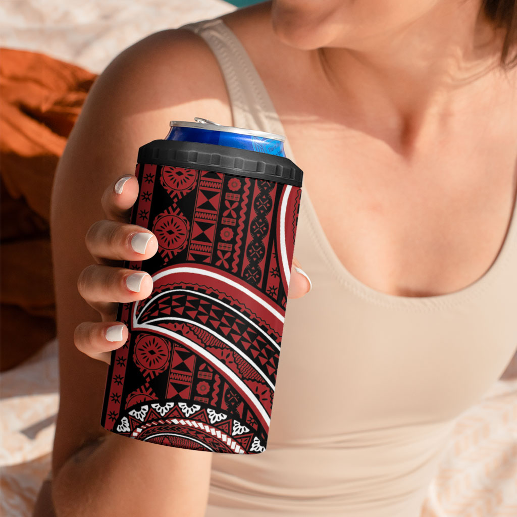 Bula Fiji Vintage Tapa 4 in 1 Can Cooler Tumbler Kaivity Masi Wave Motifs - Red LT7 - Polynesian Pride
