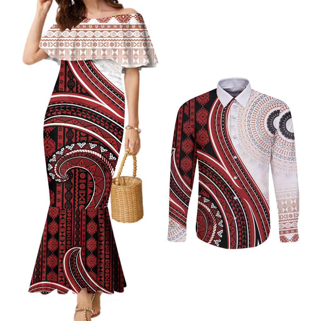 Bula Fiji Vintage Tapa Couples Matching Mermaid Dress and Long Sleeve Button Shirt Kaivity Masi Wave Motifs - Red