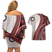 Bula Fiji Vintage Tapa Couples Matching Off Shoulder Short Dress and Hawaiian Shirt Kaivity Masi Wave Motifs - Red